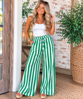 Green & White Striped Wide-Leg Pants