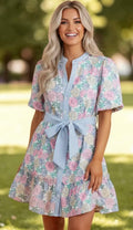 Blue Skies & Blossoms Floral Tie Waist Dress