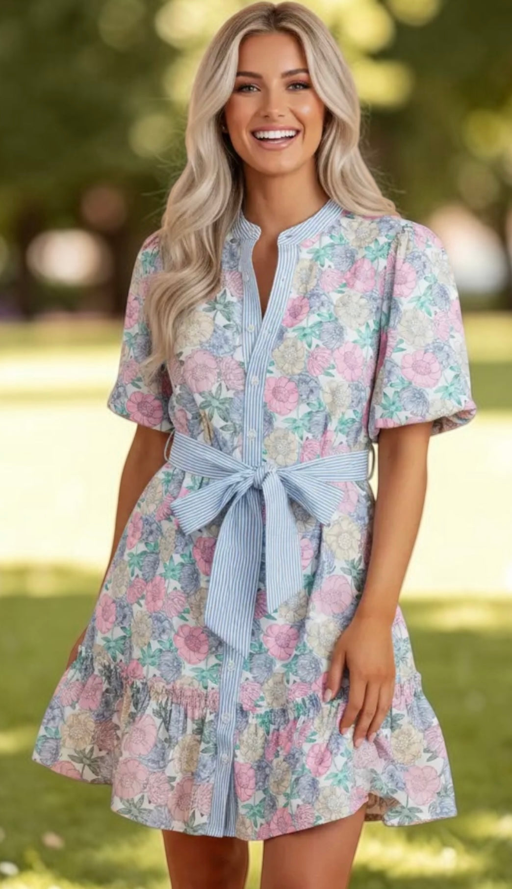 Blue Skies & Blossoms Floral Tie Waist Dress