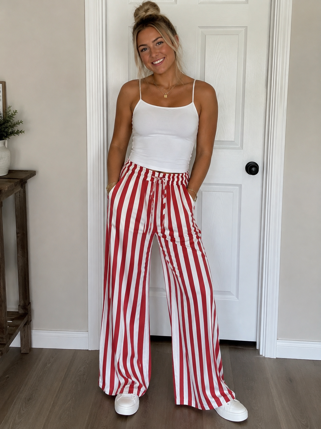 Red & White Striped Wide-Leg Pants