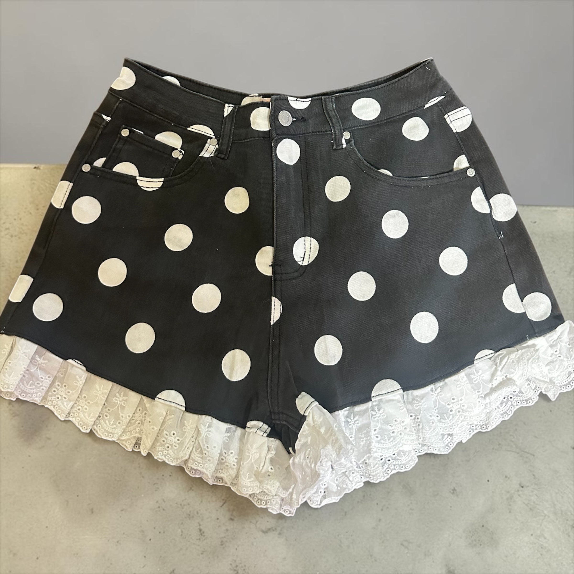 Midnight Charm Polka Dot Lace Trim Shorts
