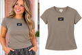 Lulu Mac taupe logo T-shirt modeled and standalone product photo