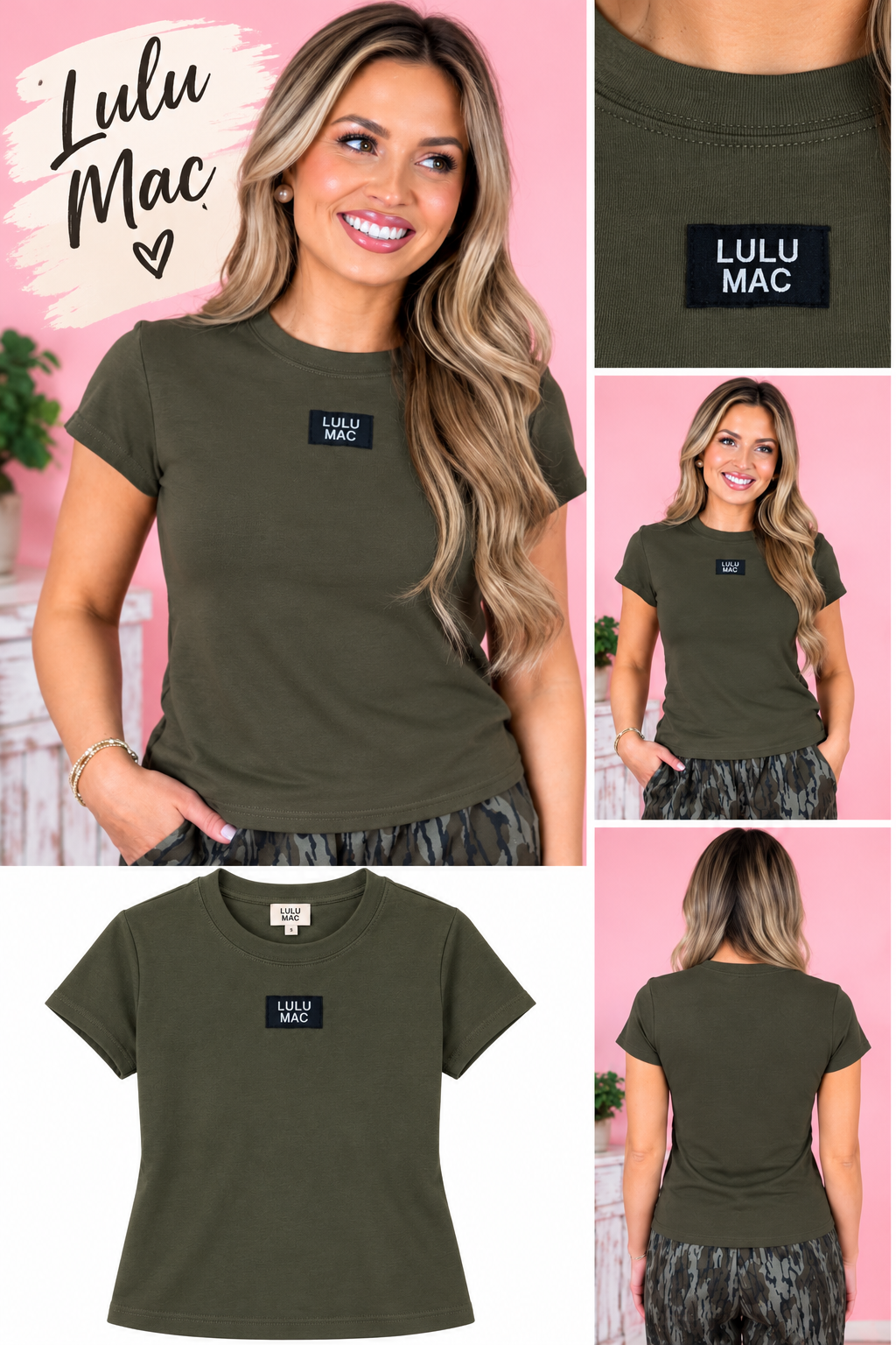 Lulu Mac dark olive green logo T-shirt — model and product views