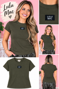 Lulu Mac dark olive green logo T-shirt — model and product views
