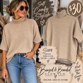 Beige ribbed turtleneck sweater, available in sizes Small through Extra Large