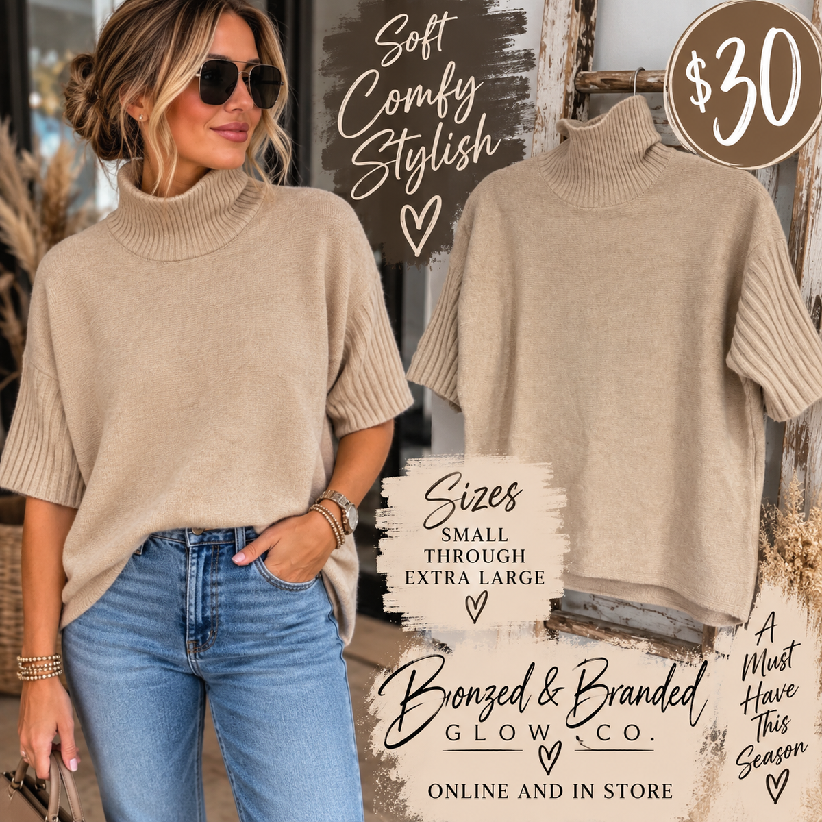 Beige ribbed turtleneck sweater, available in sizes Small through Extra Large