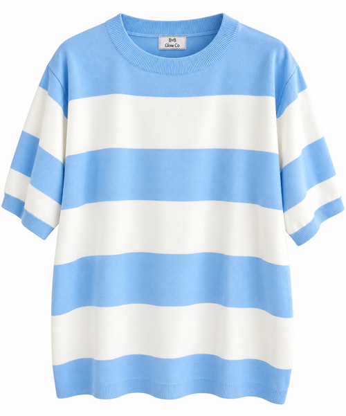 Blue and white striped boutique top on a clean white background
