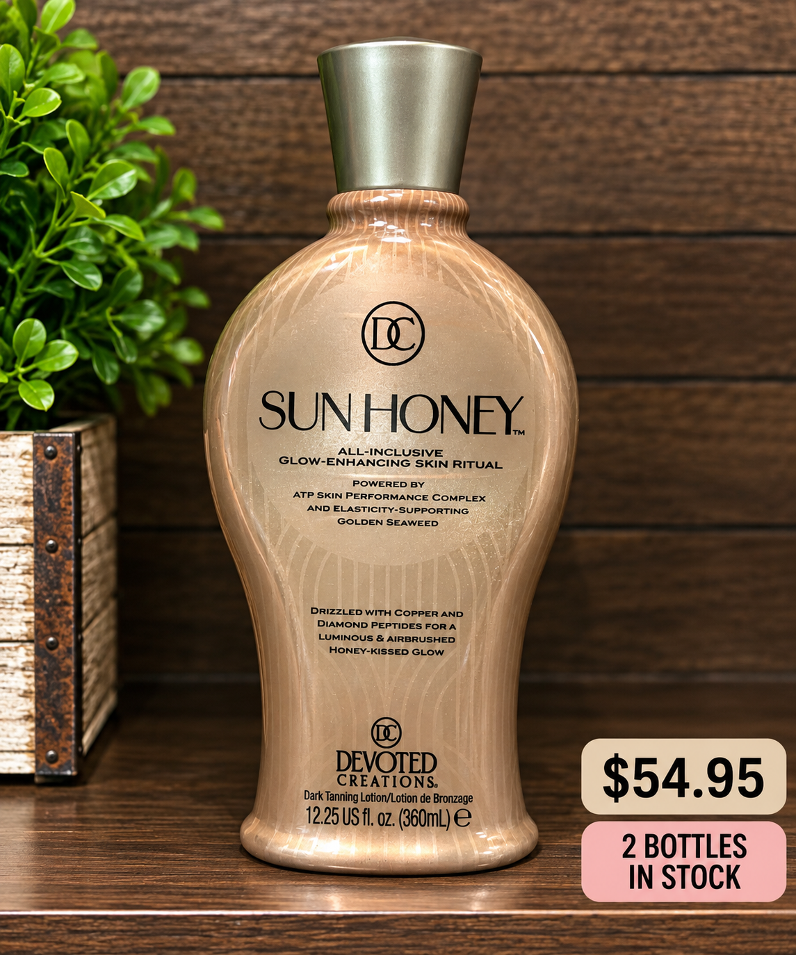 Devoted Creations Sun Honey tanning lotion on a shelf