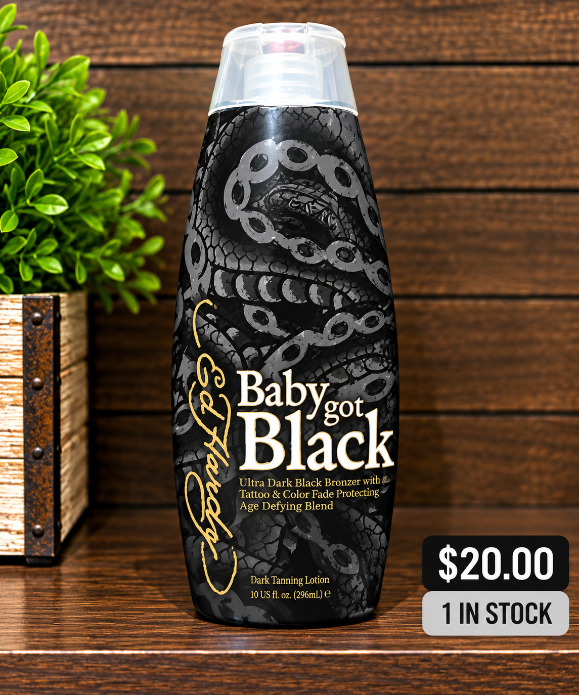 Ed Hardy Baby Got Black tanning lotion on a shelf