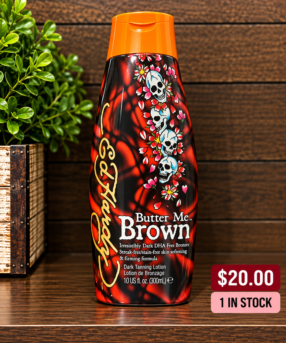 Ed Hardy Butter Me Brown tanning lotion on a shelf