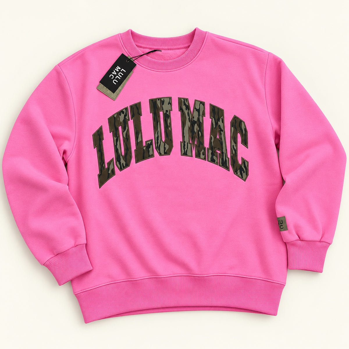 Lulu Mac hot pink sweatshirt with camo lettering