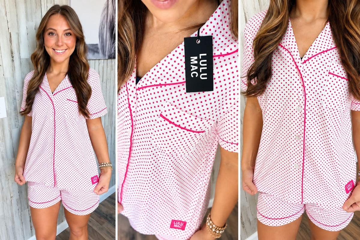 Lulu Mac white and pink polka dot button-up pajama set