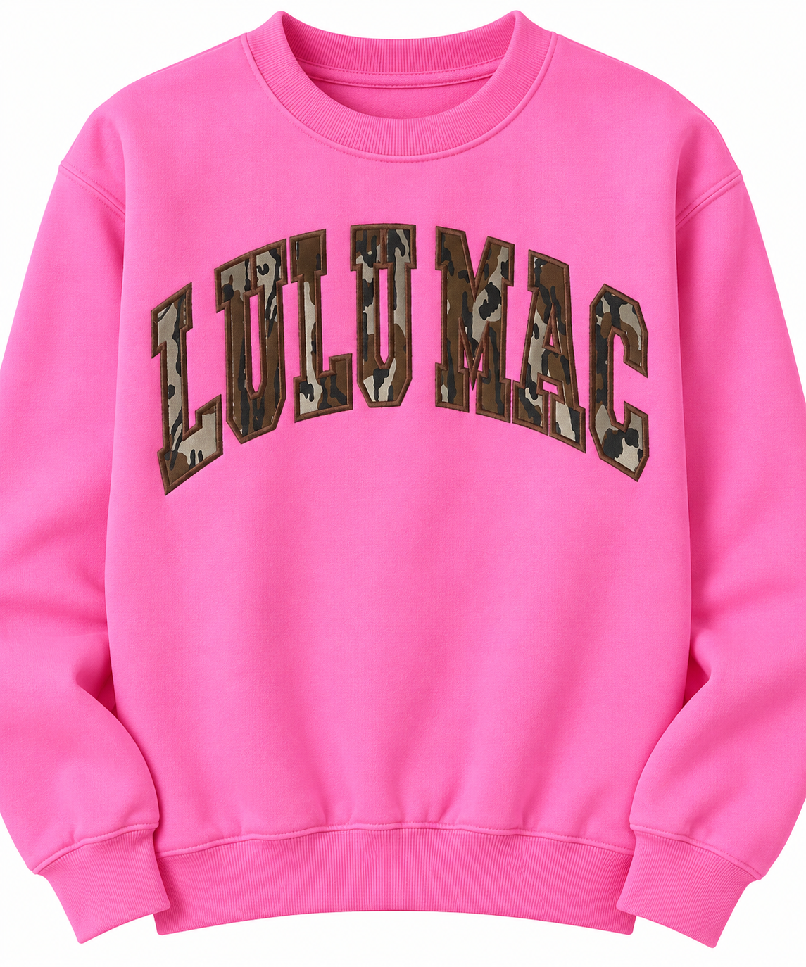 Clean studio product photo of bright pink Lulu Mac youth sweatshirt with Mossy Oak camouflage lettering