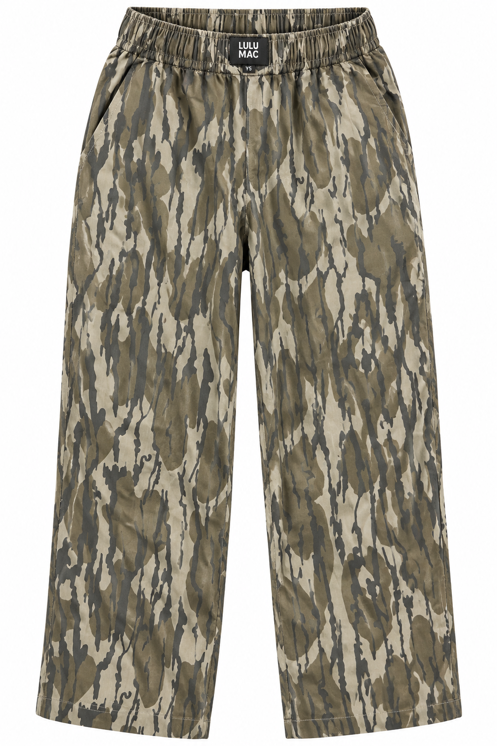 Cleaned-up Lulu Mac youth camo pants on white background