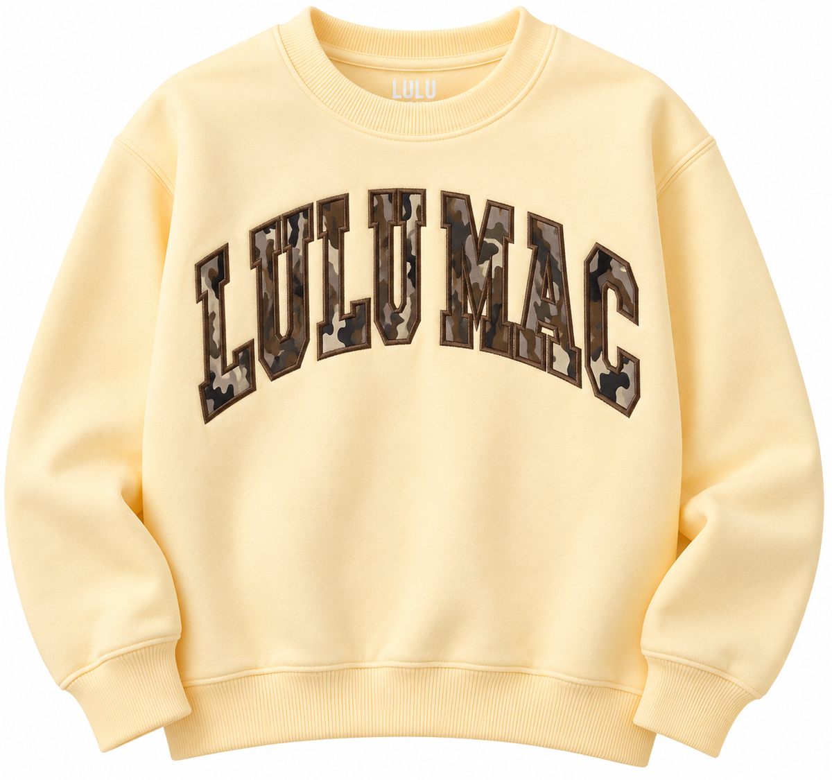 Lulu Mac cream sweatshirt with camouflage lettering