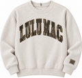 Lulu Mac greige sweatshirt with brown camouflage lettering