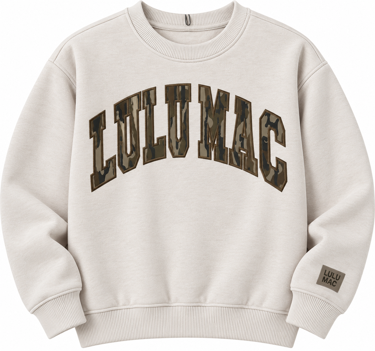 Lulu Mac greige sweatshirt with brown camouflage lettering