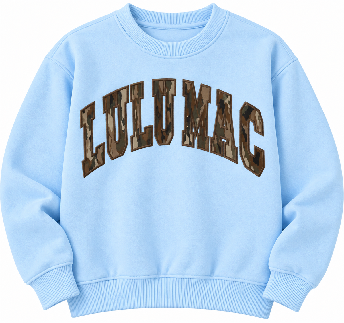 Lulu Mac light blue sweatshirt with brown camouflage lettering