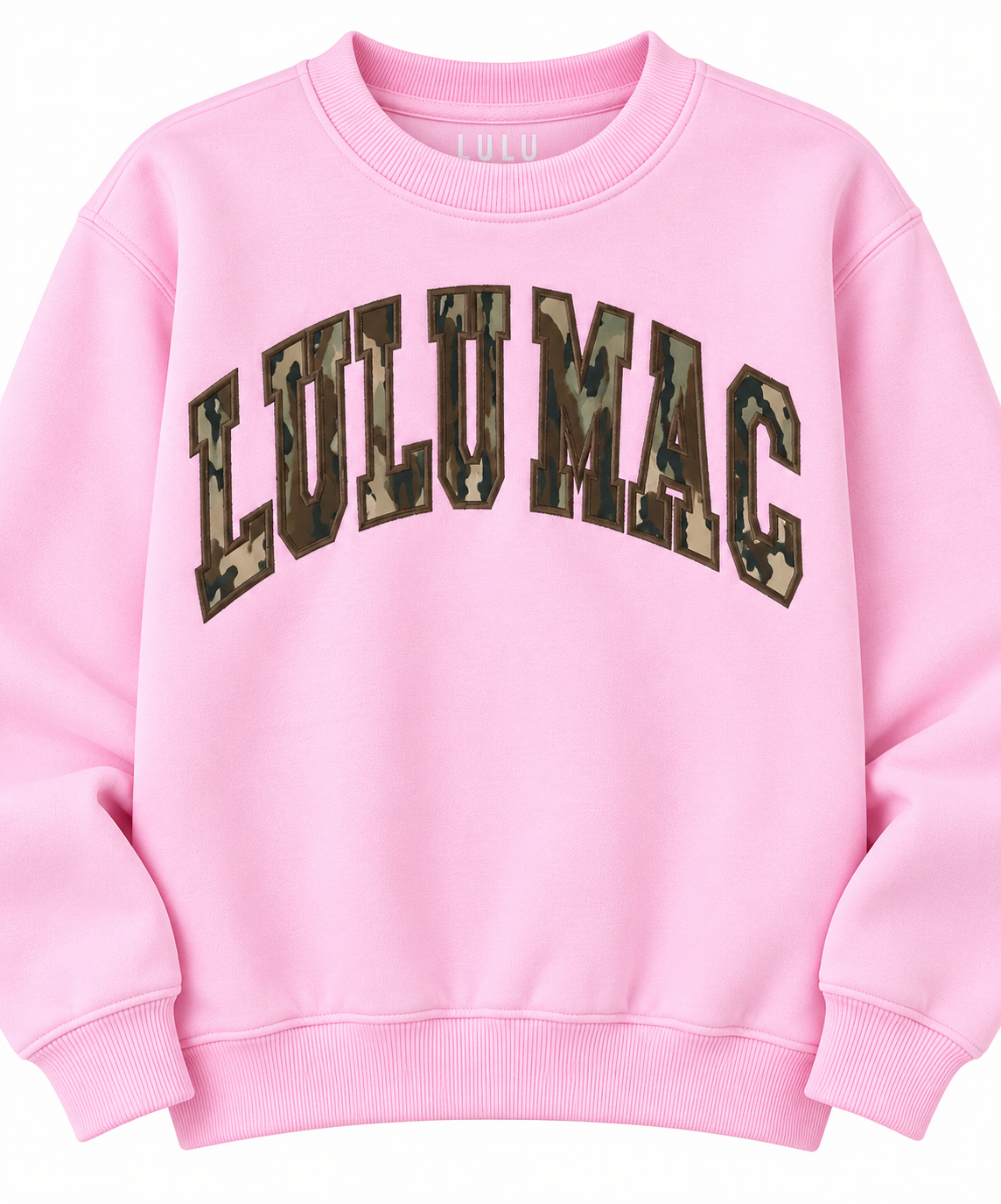 Lulu Mac light pink sweatshirt with Mossy Oak camouflage lettering