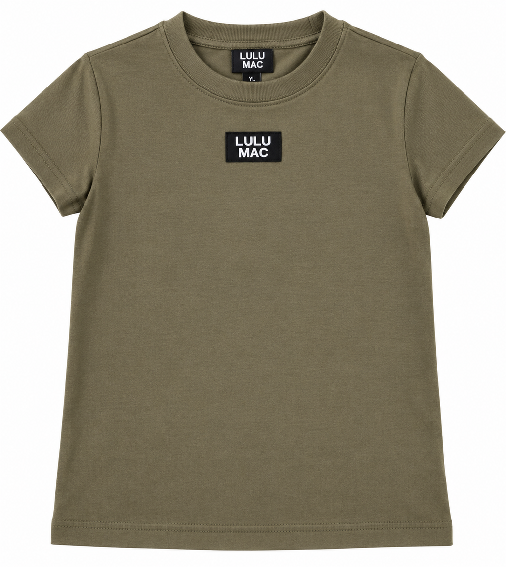 Cleaned-up olive Lulu Mac youth T-shirt on white background