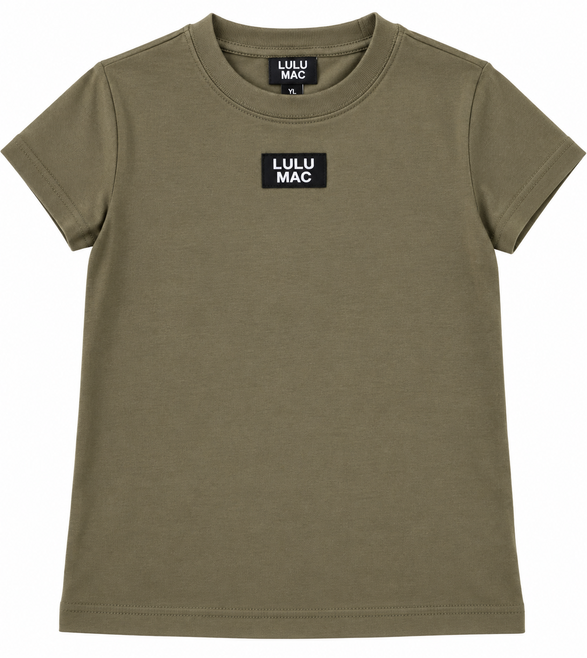 Cleaned-up olive Lulu Mac youth T-shirt on white background