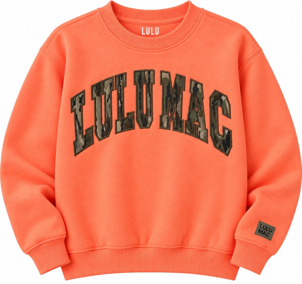 Lulu Mac orange sweatshirt with Mossy Oak camouflage lettering