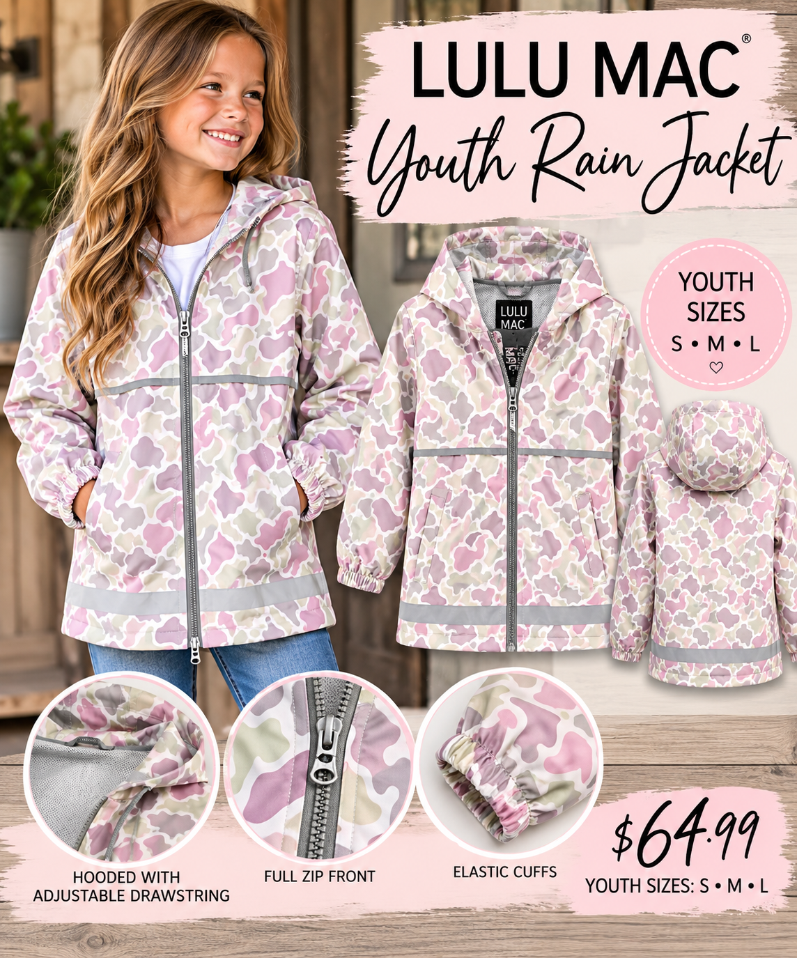 Lulu Mac youth pastel camo rain jacket modeled by a girl