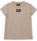 Cleaned-up taupe Lulu Mac youth T-shirt on white background