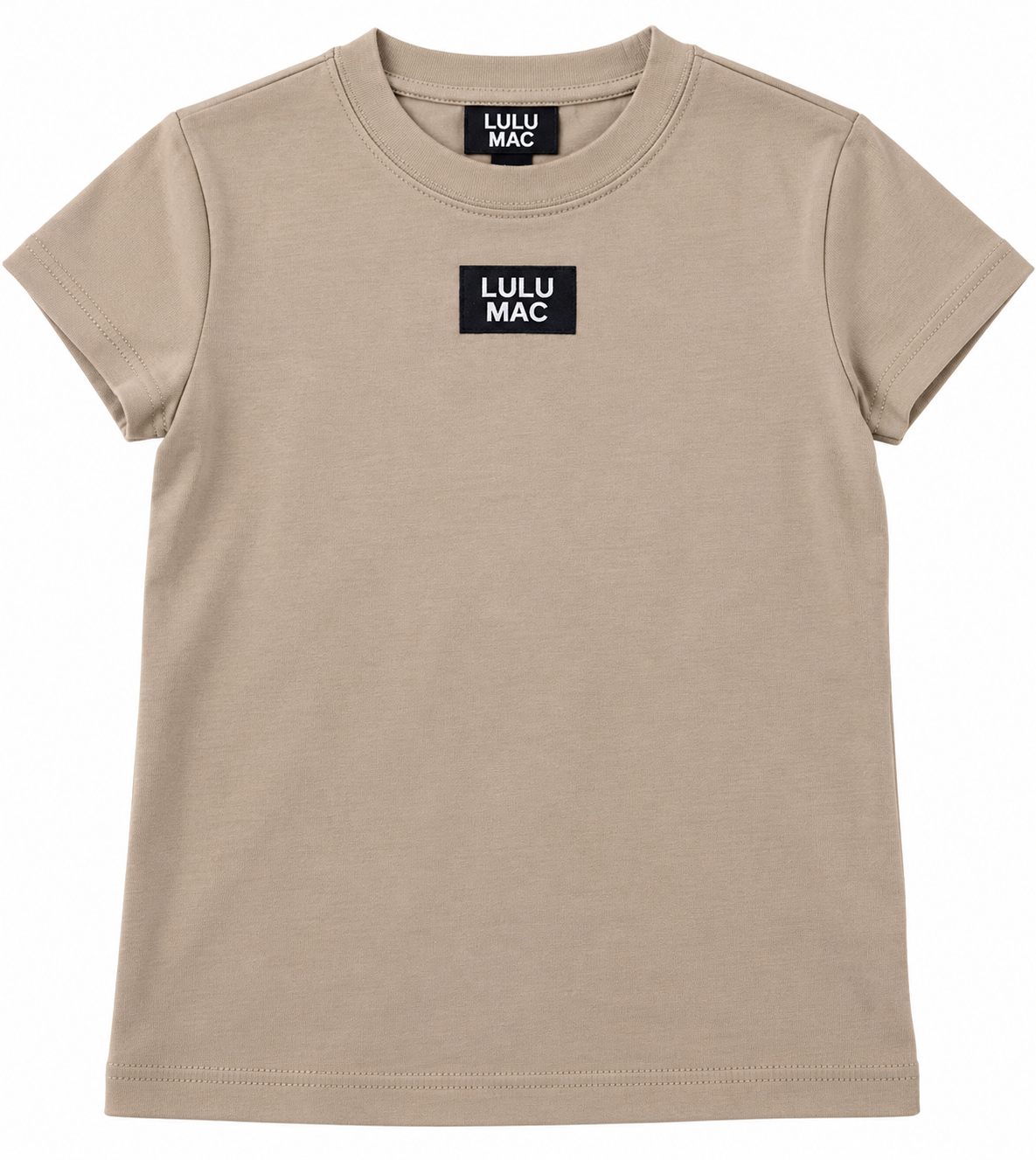 Cleaned-up taupe Lulu Mac youth T-shirt on white background