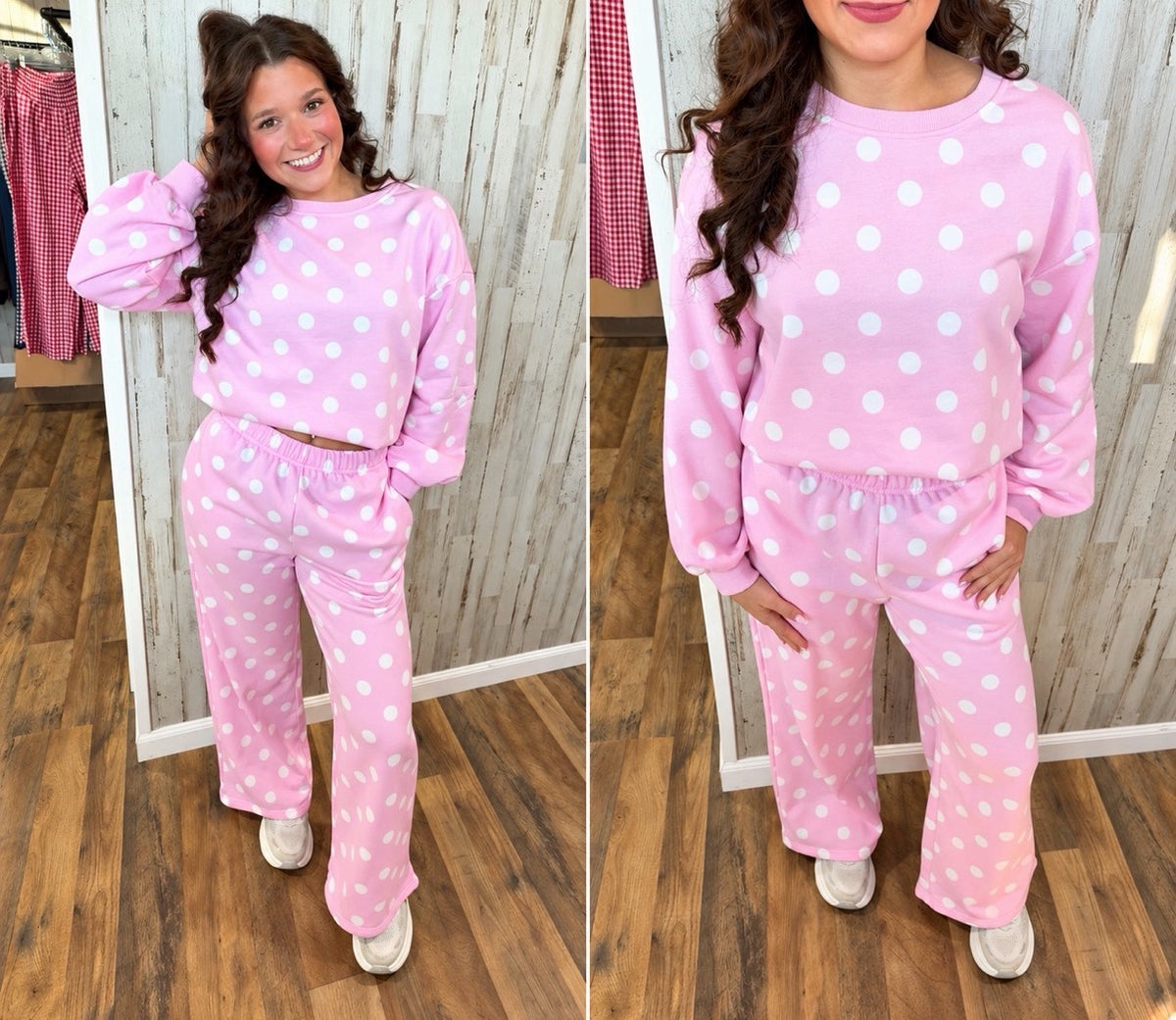 Pink and white polka dot lounge set modeled