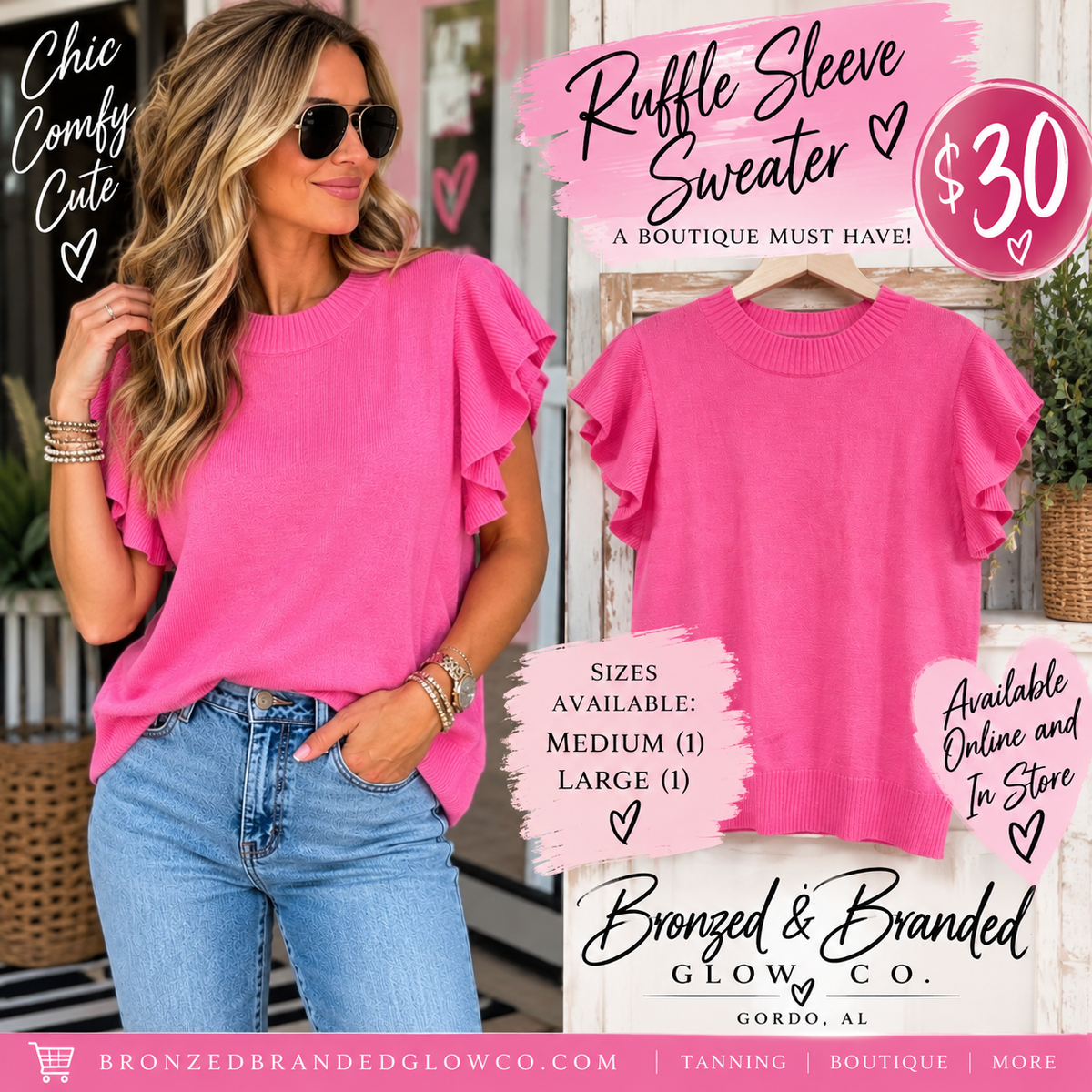 Pink ruffle sleeve sweater boutique promo, $30, medium and large