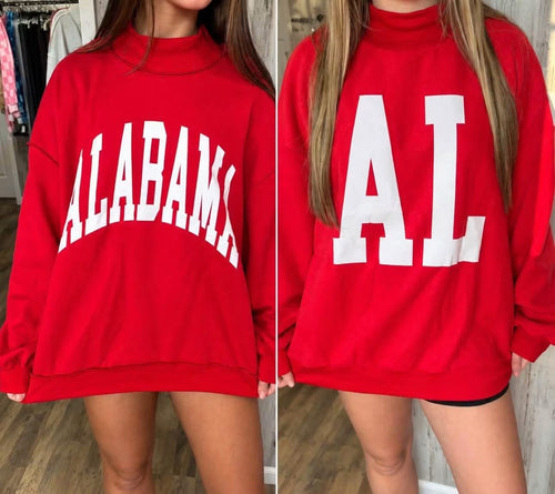 Red oversized Alabama and AL white-letter sweatshirt