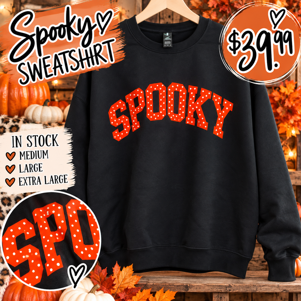 Orange Spooky sweatshirt with white polka-dot lettering